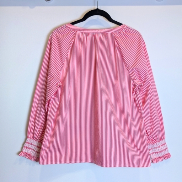 Talbots Pink White Striped Smocked Long Sleeve Shirt Size Medium Petite - Picture 2 of 5